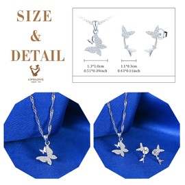 CPSLOVE Creative Women's Butterfly Chain Pendant Earrings 925 Silver Jewellery Sets Fashion Double Butterfly Zircon Necklace and Stud Earrings for Girls, Sterling Silver, Zircon gemstone.