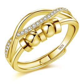 Kamise Silver Anxiety Ring, 925 Sterling Silver Fidget Ring for Anxiety Women, Adjustable Open Spinner Fidget Rings with 5 Beads & White Zircon, Infinity Gold Anxiety Ring for Stress Women Daughter