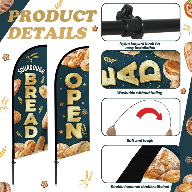 2 Pcs Sourdough Bread Open Flags Set: Include 8.2ft 1
