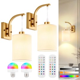 Battery Operated Wall Sconces Set of 2, Brass Gold Rechargeable Wall Sconces with Remote & Bulbs, Indoor Not Hardwired Wall Lights, 15 Colors Dimmable Cordless Wall Lamps for Living Room Hallway Foyer