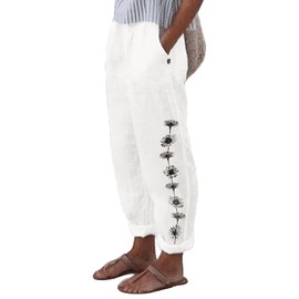 LOVESHOOT Women Linen Pants Summer 2025 Drawstring Elastic Waist Daisy Embroidery Comfy Gauze Slacks Lightweight Casual Loose Trousers with Pockets White Floral Embroidery Size L