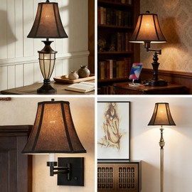 Bell Lamp Shades Set of 2, 6.5" × 13" × 10.6", Black Square Cute Corner Medium Fabric Shade Replacement, Natural Linen Hand Crafted(Spider Fitter), Assembly Required