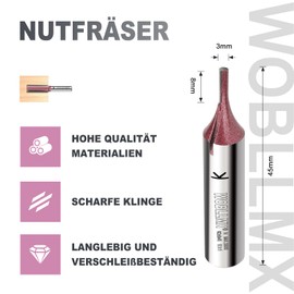 WOBLLMX 8 mm Shank Groove Cutter, Diameter 3 mm, Working Length 8 mm, Professional Carbide Fitted Groove Cutter Standard for Wood Density Plate Accessories Hand Milling Cutter