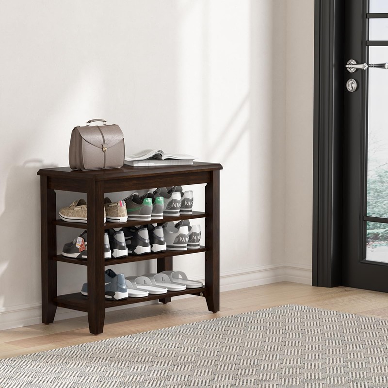 Taitiy Shoe Bench Storage Rubberwood, Entryway Bench with 3-Tiers Height
