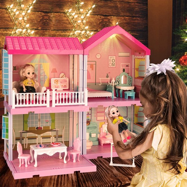 BOBXIN Doll House for Girls, Dreamhouse Building Toy, Dollhouse Furniture and Accessories, Light Up Dollhouse with Doll, DIY Cottage Pretend Play Princess House for Toddlers and Kids (4 Rooms)