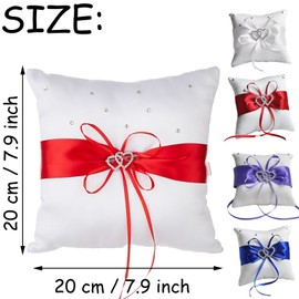 Qanye 1 x Elegant Satin Cushion, 20 x 20 cm Ring Cushion Wedding, Vintage Square Ring Cushion, with Glittering Double Heart and Satin Ribbon, Ideal for Registry Office and Church (Red)