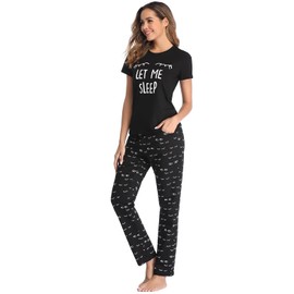 SPKPKEY Women‘s Cotton Pajamas Set Short Sleeve Cute Printed Tops and Long Pants 2 Piece Loungewear Sleepwear PJs Sets Black Small