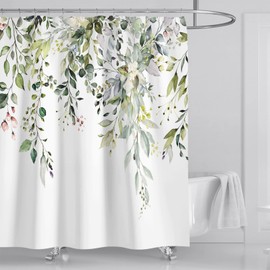 Muuyi Shower Curtain, Waterproof Green Shower Curtain for Bathroom, Floral Plant Leaf Shower Curtain with 12 Hooks 72 x 72 Inches