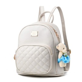 zhongningyifeng Women's Mini Backpack, PU Leather, Rucksack, Shoulder Bag, Handbag, 3-Way Girl, Cute Bear Charm, For Work or School or Travel, white