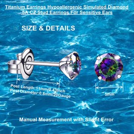 VGACETI Titanium Earrings, Hypoallergenic for Sensitive Ears Brilliant Cut Simulated Diamond 5mm Cubic Zirconia Stud Earrings for Women Men (Rainbow)