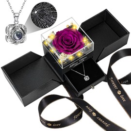 Labana Preserved Real Purple Rose Birthday Gifts for Women Wife Her Mum Girlfriend Girl Grandma with I Love You Heart Necklace Eternal Rose Flowers on Anniversary Valentine's Day Mother Day Christmas
