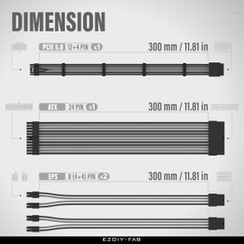 EZDIY-FAB 12VHPWR PSU Cable Extension Kit,16AWG PCIE 5.0 Power Supply Cable Extension- 1x 24 Pin ATX /2X 8Pin (4+4) EPS / 1x12+4 Pin GPU,Sleeve Cable 300MM with Combs-Black Grey