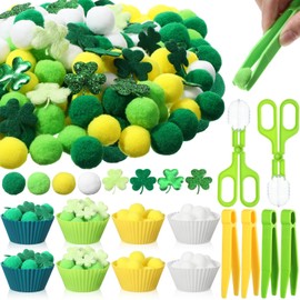 Hollowfly 294 Pcs St. Patrick's Day Sorting Counting Fine Motor Skills Sensory Bin Filler Set Includes 8 Sorting Bowls 200 Plush Balls 4 Tweezers 2 Scissors Clips 80 Clover Decoration for Boys Girls