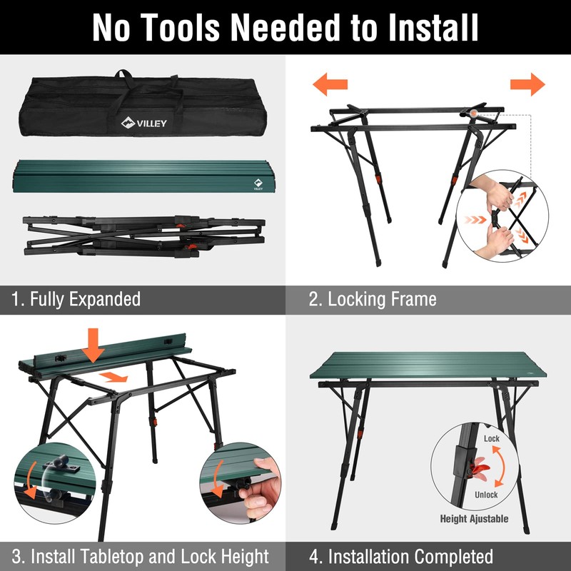 VILLEY Portable Camping Table with Adjustable Legs, Lightweight Aluminum Folding