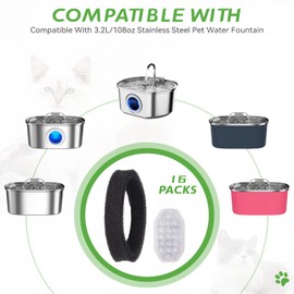 32 Pack Cat Water Fountain Filters: 16 Pack Filters+16 Pack Pre-Filter Sponges for 108/3.2L& 67oz/2L Stainless Steel Pet Water Dispenser, Cat Fountain Filter for Automatic Pet Fountain Water Dispenser