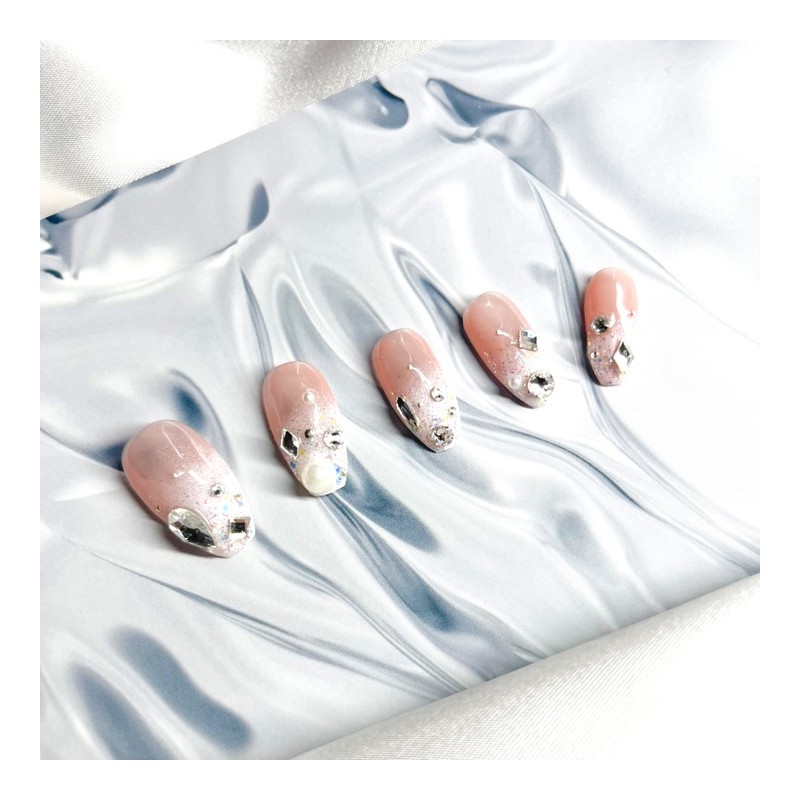 [Handmade Nail Tips] Stone Gradient Wedding Nails - Coffin (Long)