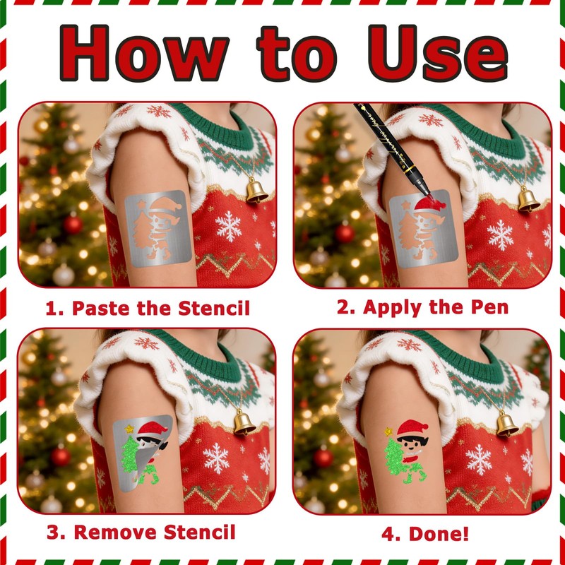 158Pcs Christmas Temporary Tattoo Stencils and 8 Body Markers for