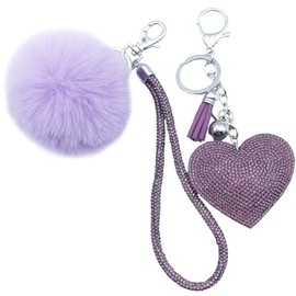 Unpafcxddyig Rhinestone Heart-shaped Keychain Bling Crystal Wrist Lanyard with Fur Ball pom pom Key Rings for Women,purple