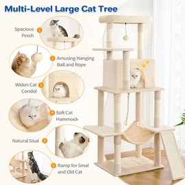 ABCPET Cat Tree Tower 63in Multi-Level Cat Tower for Indoor Cats with Sisal Scratching Posts, Condo, Hammock, Dangling Ball and Extended Platform for Cats to Play, Beige