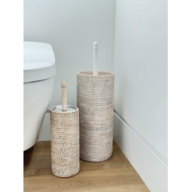 La Jolla Decorative Rattan Toilet Brush Set White Wash Handwoven Toilet Brush and Holder with Removable Cup & Lid Hygienic Odor-Free Design - 4.5" x 15.5" Size
