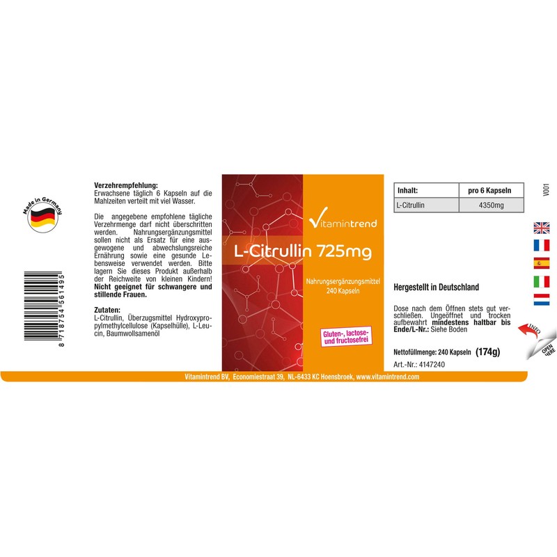 L-Citrulline 725 mg – 240 Capsules – Vegan – High