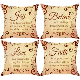 NIDITW Set of 4 Scripture Sayings Joy Love Faith Believe I Can Do All Things Through Christmas Who Strengthen Me Vintage Body Burlap Throw Pillow Case Cover Chair Couch Decorative Square 18x18 Inches