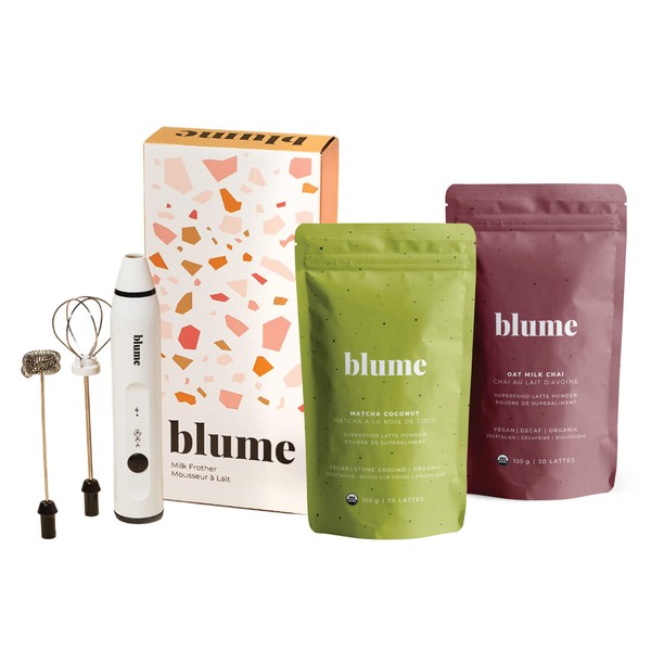 Blume Matcha & Chai Starter Pack - Organic Superfoods Booster for lattes, coffee & smoothies - Vegan, Sugar and Gluten Free - Includes Frother - 60 Servings