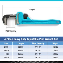 DURATECH 4-Piece Heavy Duty Pipe Wrench Set, 8",10", 14", 18", Adjustable Plumbing Wrench, Malleable Cast Iron Handle, Exceed GGG Standard