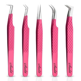 5-Piece Stainless Steel Lash Tweezers Set with PU Leather Case – Precision Straight and Curved Tips for Eyelash Extensions, Nail Art, and Crafting – Professional-Grade Tools for Salon and Ho
