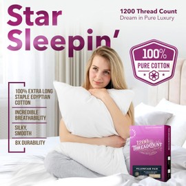 Texas Linen Co. 100% Egyptian Cotton Pillow Cases Standard/Queen Size Set of 2 - Luxury 1200 Thread Count Sateen White Stripe Pillow Cases, Soft Cotton Pillowcases Fits Standard & Queen Pillows