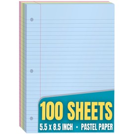 1InTheOffice 5.5 x 8.5 Paper, Pastel, College Ruled Mini Binder Paper, Loose Leaf Paper, Assorted Color, 100 Pack
