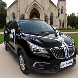 Wedding Car Decoration Kit Just Married Car Decor with White Rose Flowers Satin Ribbons Hood Bouquet Door Handle Bows Mirror Flowers Floral Vine for Bridal Send Off Honeymoon Getaway Vehicle