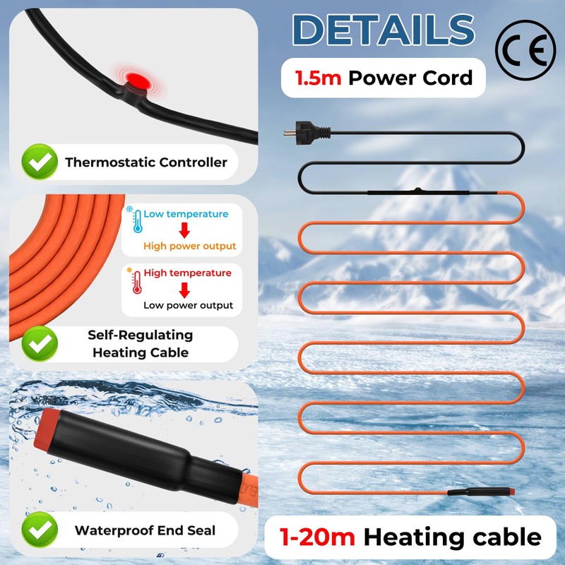 BDDFOTO Heating Cable - Pipe Heating 25W/m for Gutters and