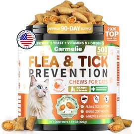Flea and Tick Prevention for Cats, 500 Crunchy & Creamy Chews, Cat Flea Chewables with Natural Oral Flea Treatment Supplement Cats, Skin & Coat Support - All Breeds & Ages - Chicken and Krill Flavor