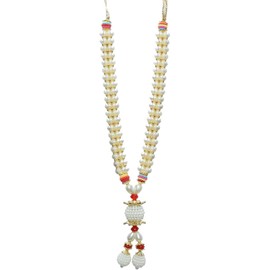 Set of 4 Mala Artificial Beaded Moti Mala Ribbon Garland Haar Mala for Idol-Mala for God Statue Accessories Pooja Sringar Articles Ornament for Indian Traditional Festival(Size:-6") (White & Golden)