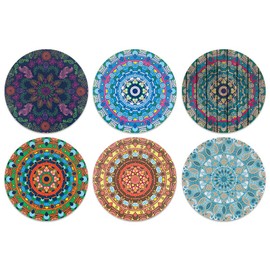 CARIBOU Coasters , Bohemian Mandala One Design Absorbent ROUND Fabric Felt Neoprene Coasters for Drinks, 6pcs Set