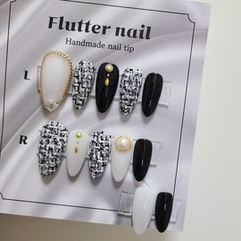 Black tweed chain handmade nail tip - petit round / 블랙 트위드 체인 수제네일팁 - 쁘띠라운드