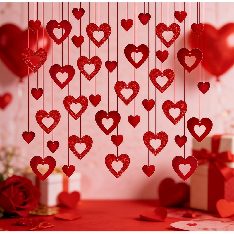 40 Pcs Valentine's Day Decorations Glitter Red Heart Hanging Swirls