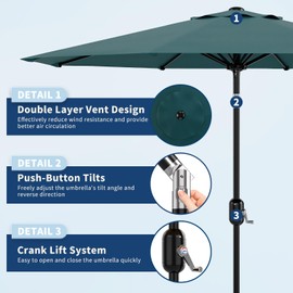 Garvee 9ft Patio Umbrella with Crank Lift & Push Button Tilt, Table Umbrella Outdoor Patio 8 Sturdy Ribs for Yard, Deck, Pool, Turquoise