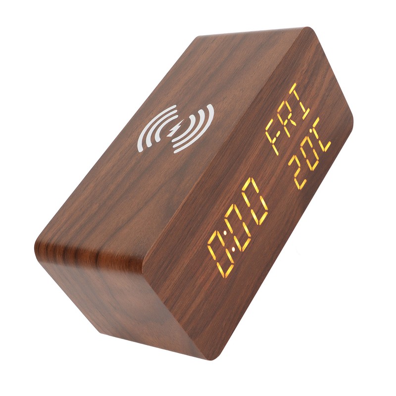 Wooden Digital Alarm Clock Yellow LED Display Adjustable Dimmer Weekday