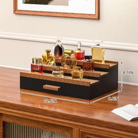 Vdamu Cologne Organizer for Men,3 Tier of Elevated Cologne Display Stand with Drawer Storage,Ladder Cologne Display,Perfume Organizer and Storage Display Risers,Great Gift for Men (BlackWalnut)