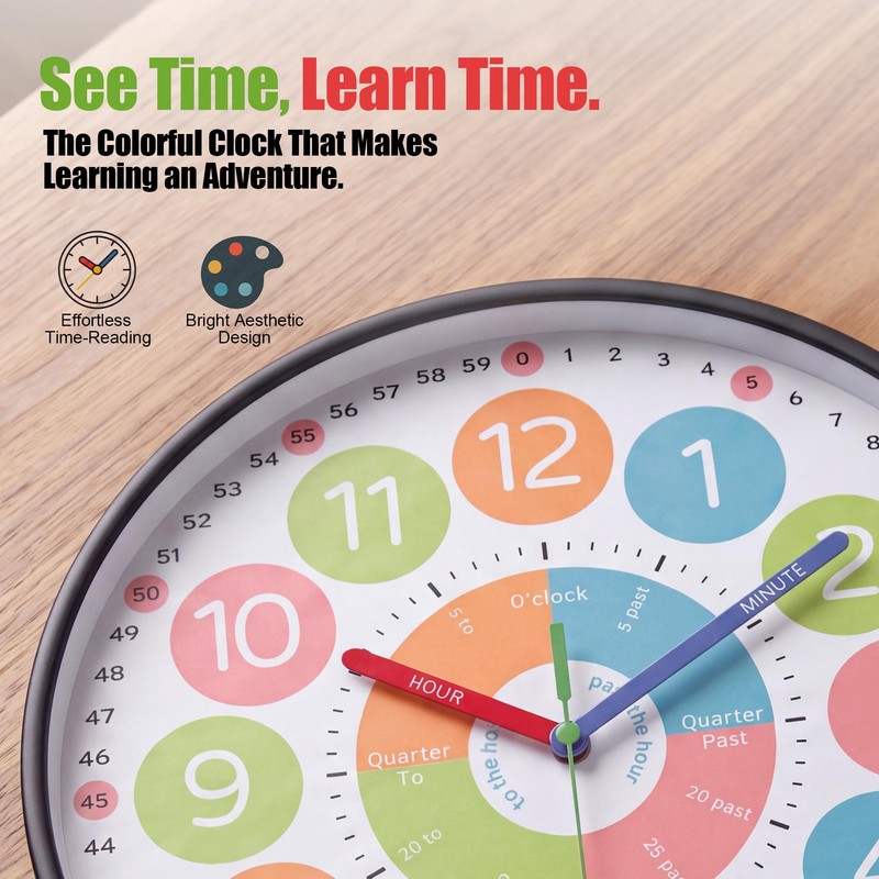12" Educational Wall Clock, Colorful Time Teaching Analog Clock