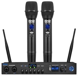 Pyle Digital Wireless Microphone System with Bluetooth - Includes 2 Dynamic UHF Handheld Mics, Portable Long-Range Receiver w/Built-in Echo Effect - for Live Pro Audio, Karaoke, Studio - PDWM813BK