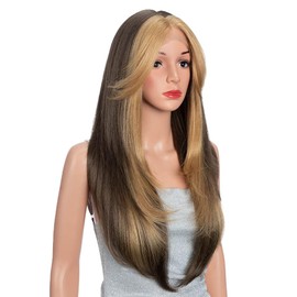 Style Icon Skunk Stripe Lace Front Wigs with Curtain Bangs 26 Inches Long Muti Layered Wigs Synthetic Lace Front Wig 13x5x1 T Part Wig for Daily Party Use (HL10A/26F)