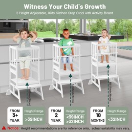 COSYLAND Kids Kitchen Step Stool, Height Adjustable Toddler Standing Tower Nursery Helper with CPC & FSC Certification, Removable Safety Railing Enjoys Exclusive Paten，White