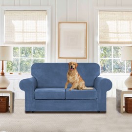 WEERRW Velvet Couch Covers for 2 Cushion Couch Sofa - High Stretch Luxury Velvet Plush 3 Pieces Sofa Slipcovers with Elastic Bottom, Furniture Protector for Pets, Machine Washable, Light Blue, Medium