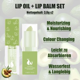 EONFAVE Avocado Lippenpflege, Temperatur Farbwechsel Lip Oil & Lippenbalsam Set, Natürlich & Moisturising Lip Balm, Color-Changing Lippenöl, Wasserfest & Hydrating Lippen Care für Trockene Lippen