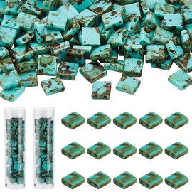 NBEADS 152 Pcs Opaque Glass Tila Beads, Antique Style 2-Hole Glass Pony Beads Rectangle Loose Beads for Christmas Jewelry Design Necklace Bracelet Earring Making, Medium Sea Green