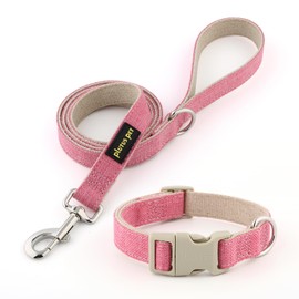 Plutus Pet Cotton Hemp Dog Collar and Leash Set, Adjustable Collar for Small, Medium, and Large Dogs, Heavy Duty and Soft on Skin, Hot Pink, M
