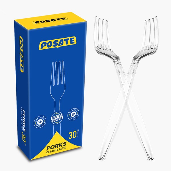 POSATE Heavy Duty Plastic Forks - Food-Grade Disposable Material, Clear, Pack of 30